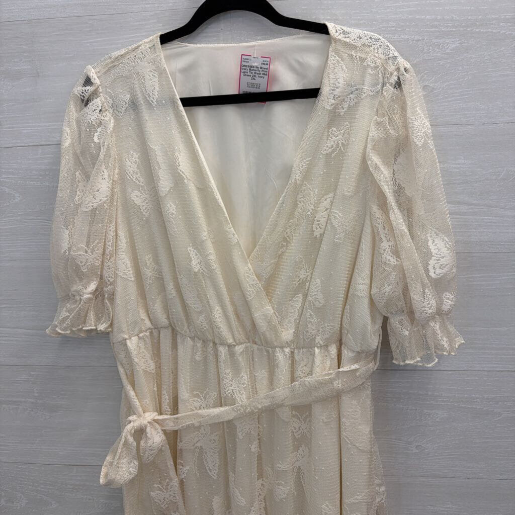 Ivory Butterfly Print Lace Tie Wasit Midi Dress 2XL