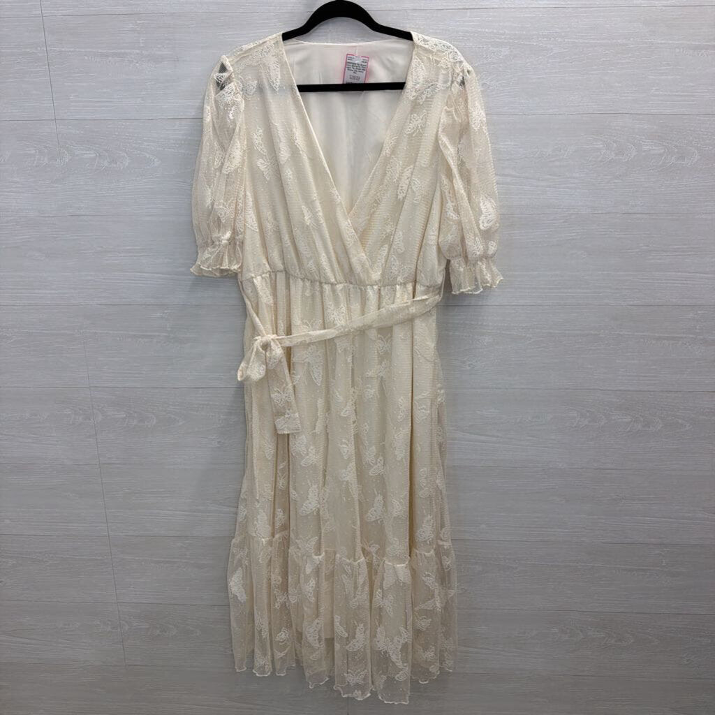 Ivory Butterfly Print Lace Tie Wasit Midi Dress 2XL