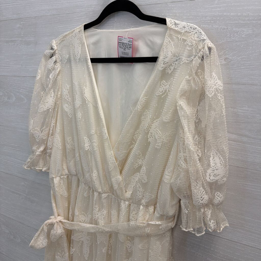 Ivory Butterfly Print Lace Tie Wasit Midi Dress 2XL