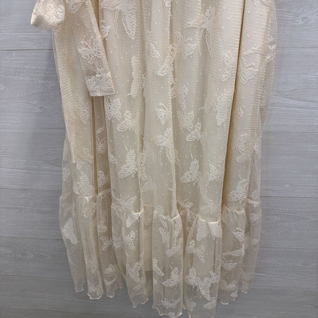 Ivory Butterfly Print Lace Tie Wasit Midi Dress 2XL
