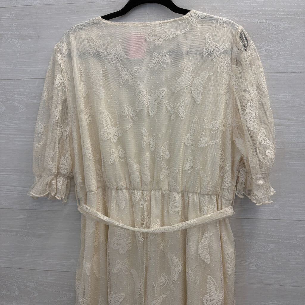Ivory Butterfly Print Lace Tie Wasit Midi Dress 2XL
