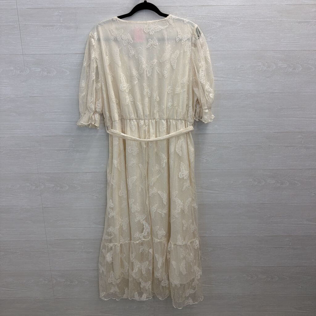 Ivory Butterfly Print Lace Tie Wasit Midi Dress 2XL
