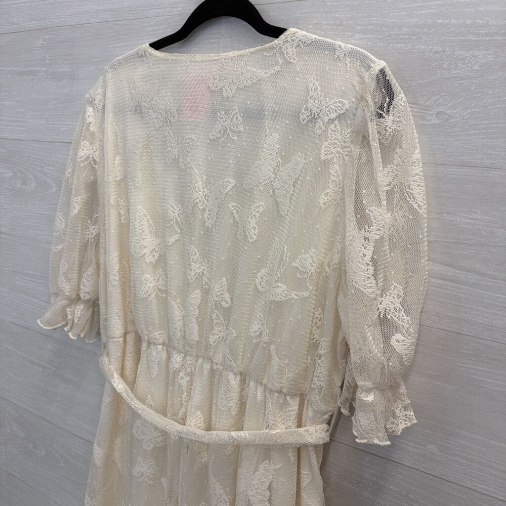 Ivory Butterfly Print Lace Tie Wasit Midi Dress 2XL