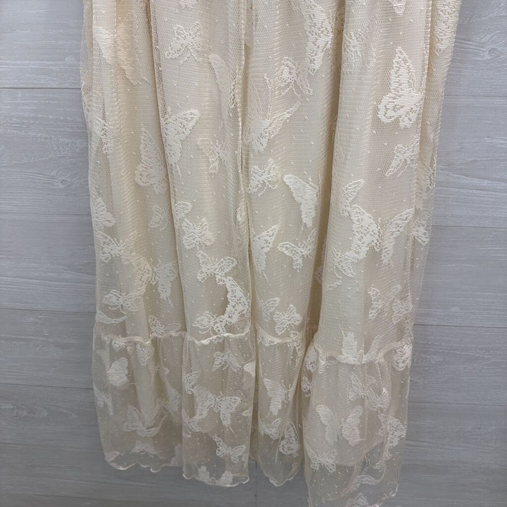 Ivory Butterfly Print Lace Tie Wasit Midi Dress 2XL