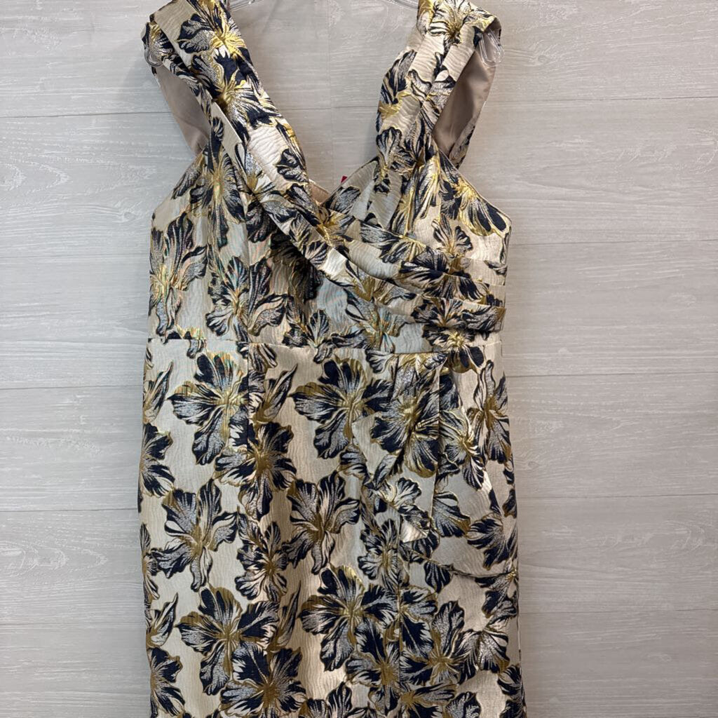 Metallic Gold/ Navy Floral Brocade Long Formal Dress Extra Large