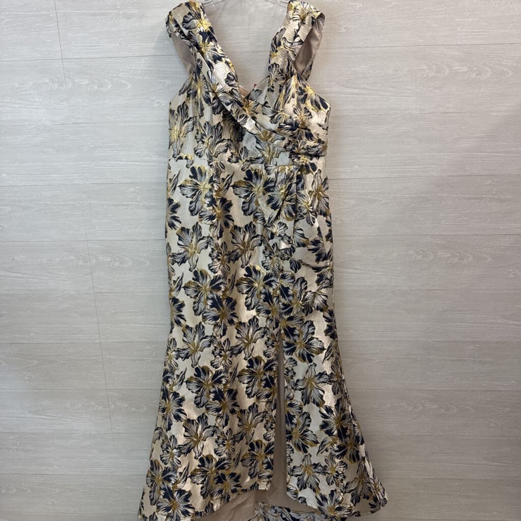 Metallic Gold/ Navy Floral Brocade Long Formal Dress Extra Large