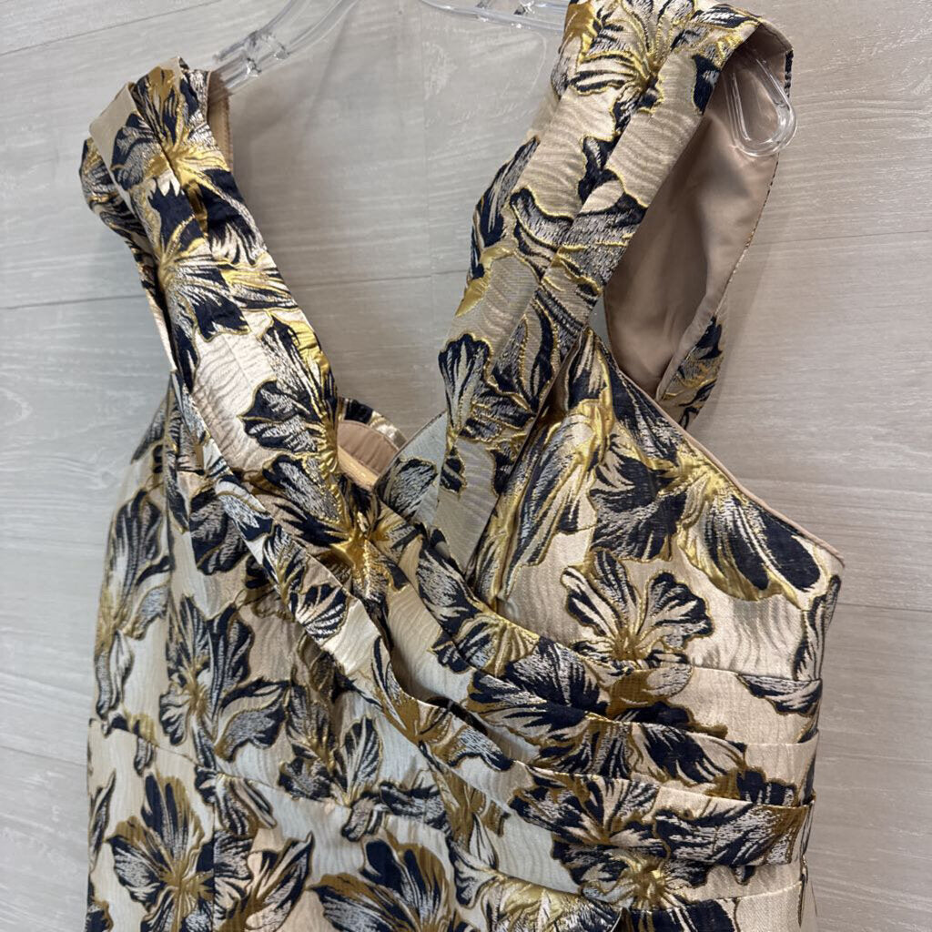 Metallic Gold/ Navy Floral Brocade Long Formal Dress Extra Large