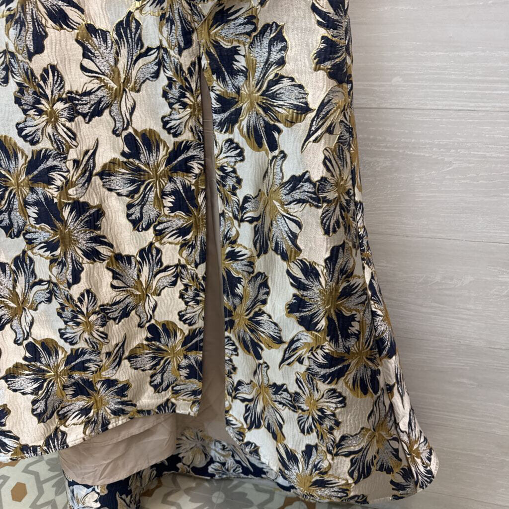 Metallic Gold/ Navy Floral Brocade Long Formal Dress Extra Large
