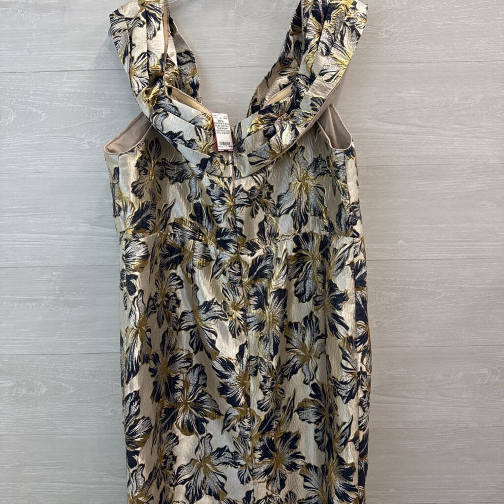 Metallic Gold/ Navy Floral Brocade Long Formal Dress Extra Large