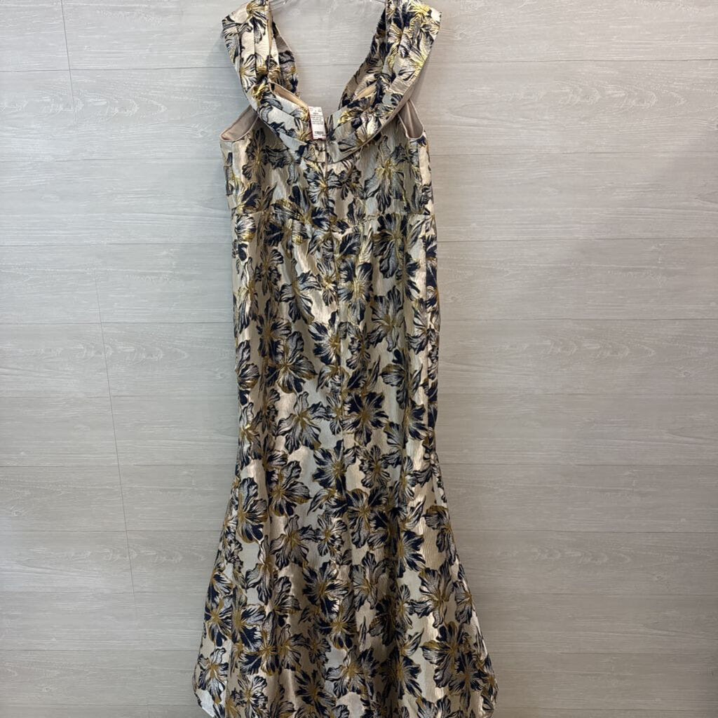Metallic Gold/ Navy Floral Brocade Long Formal Dress Extra Large