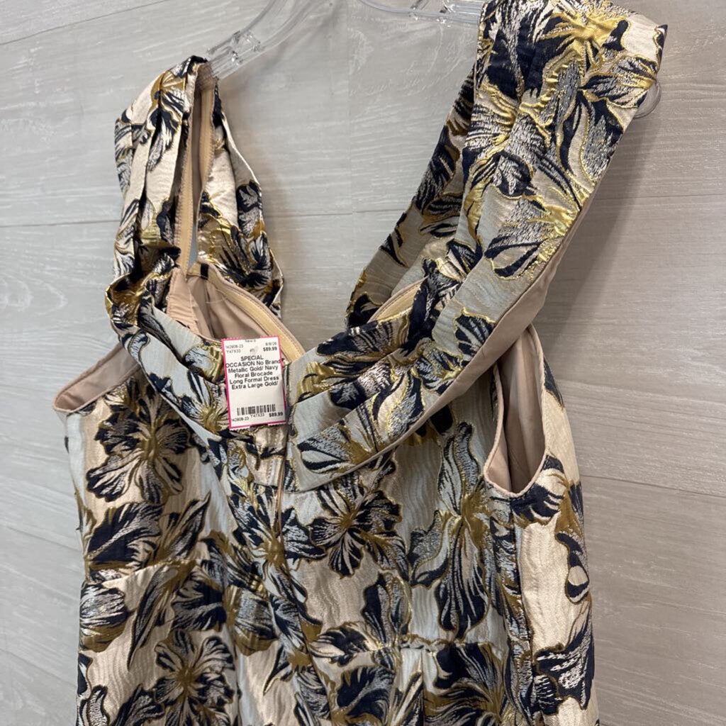 Metallic Gold/ Navy Floral Brocade Long Formal Dress Extra Large