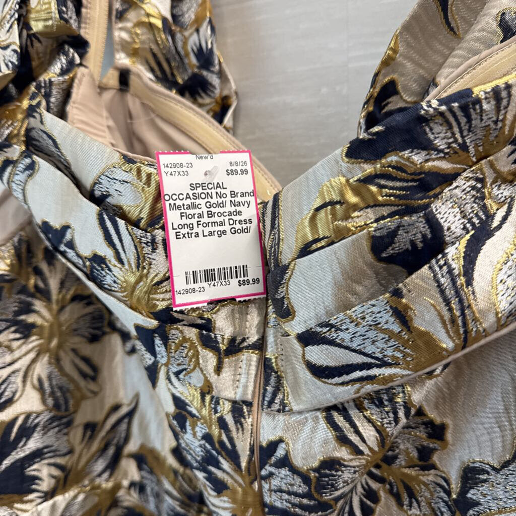 Metallic Gold/ Navy Floral Brocade Long Formal Dress Extra Large
