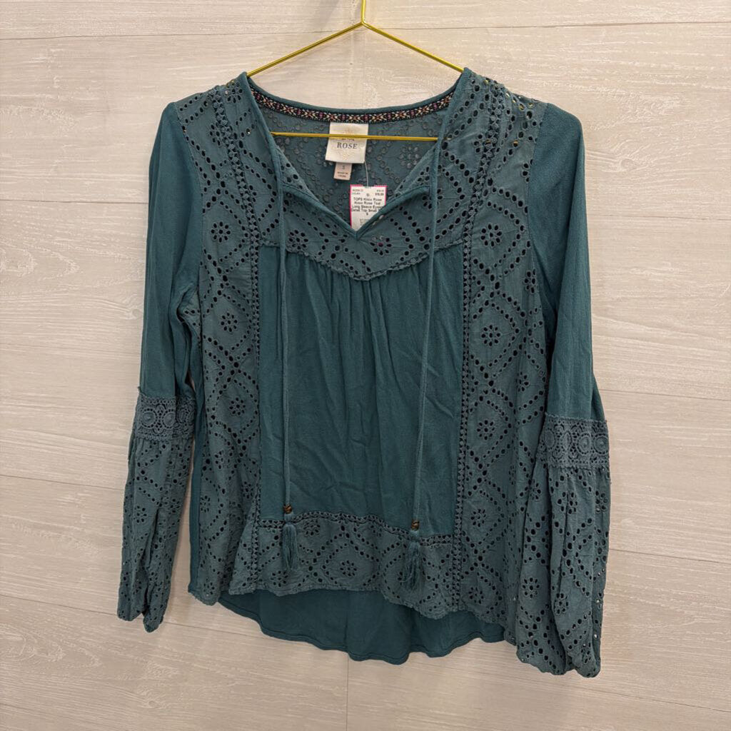 Knox Rose Teal Long Sleeve Eyelet Detail Top Small