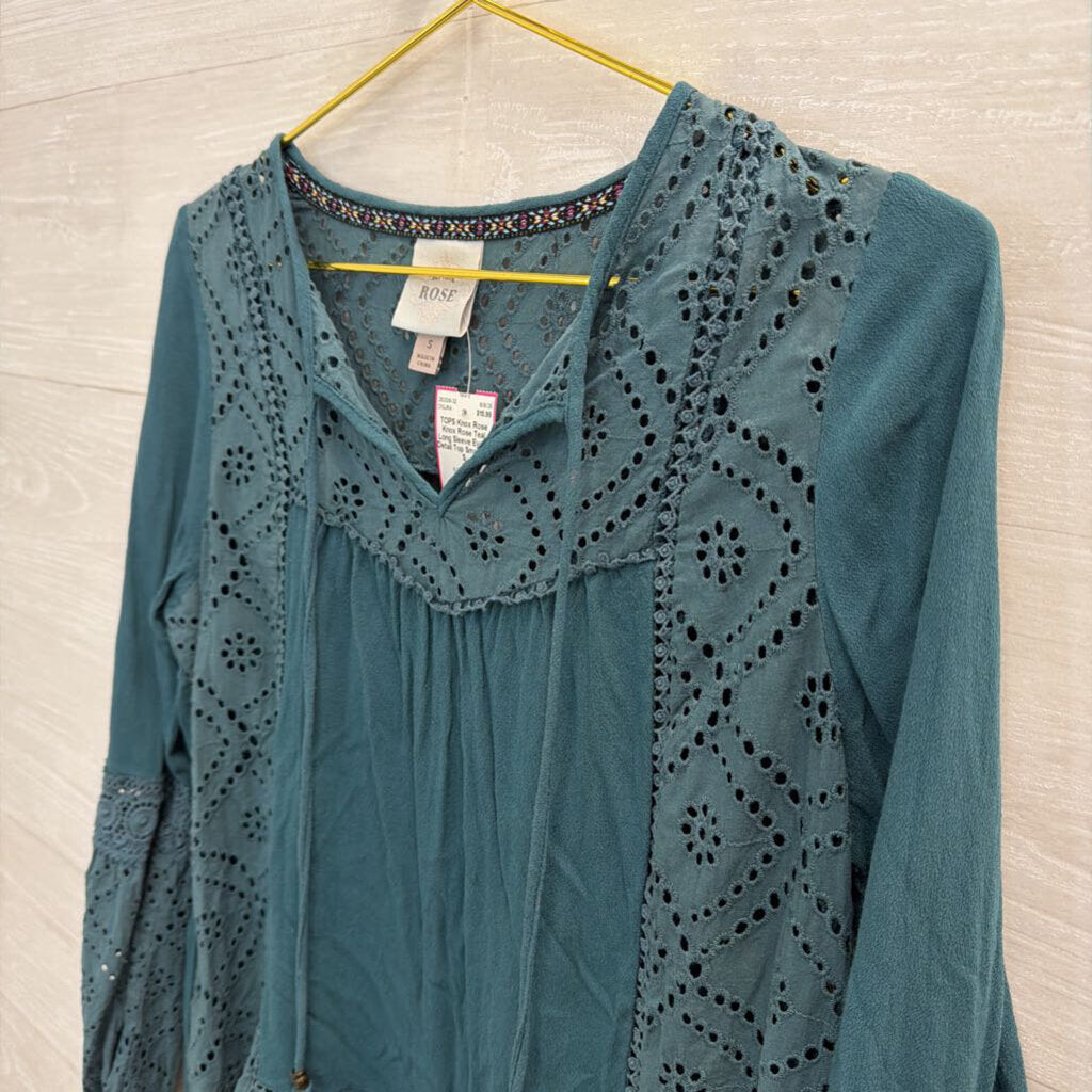 Knox Rose Teal Long Sleeve Eyelet Detail Top Small