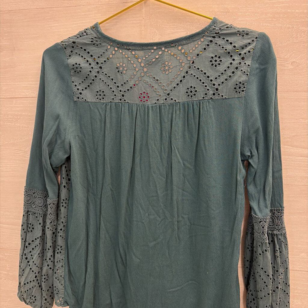 Knox Rose Teal Long Sleeve Eyelet Detail Top Small