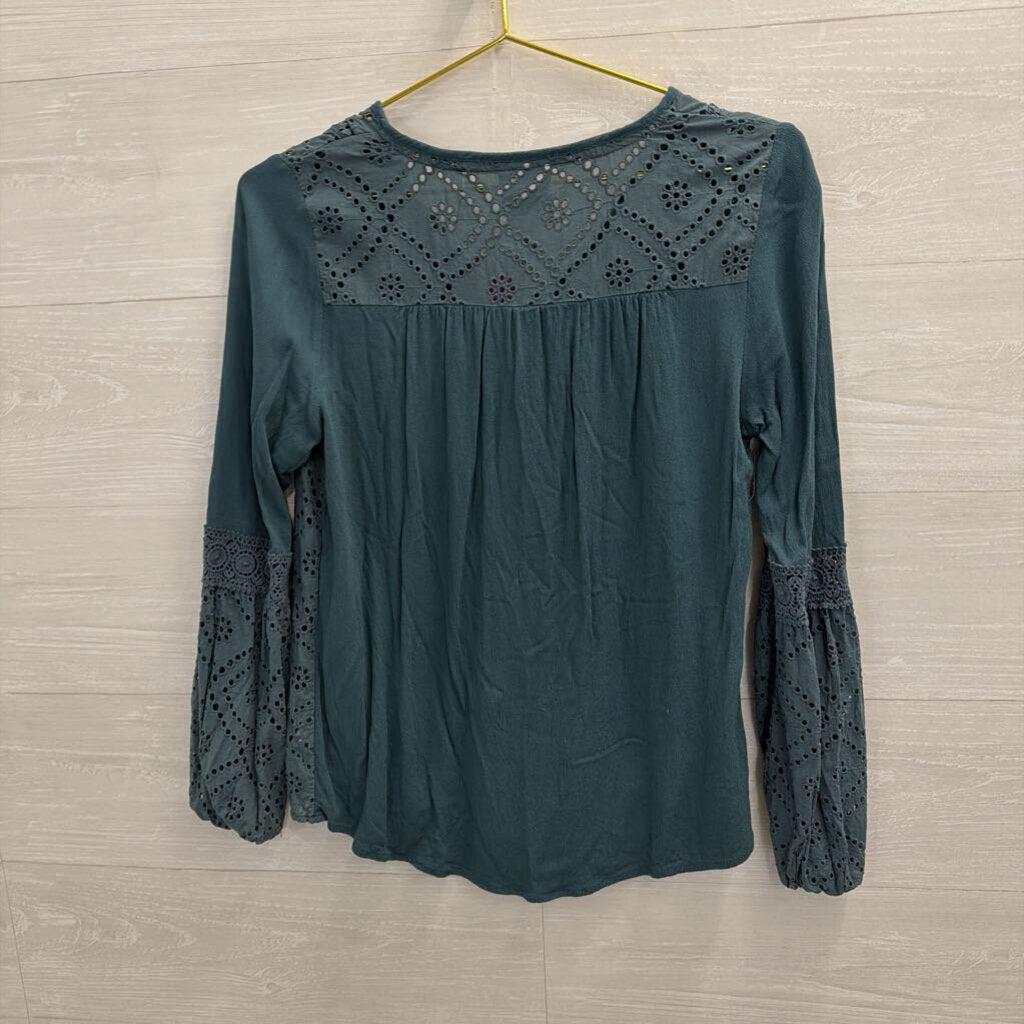 Knox Rose Teal Long Sleeve Eyelet Detail Top Small