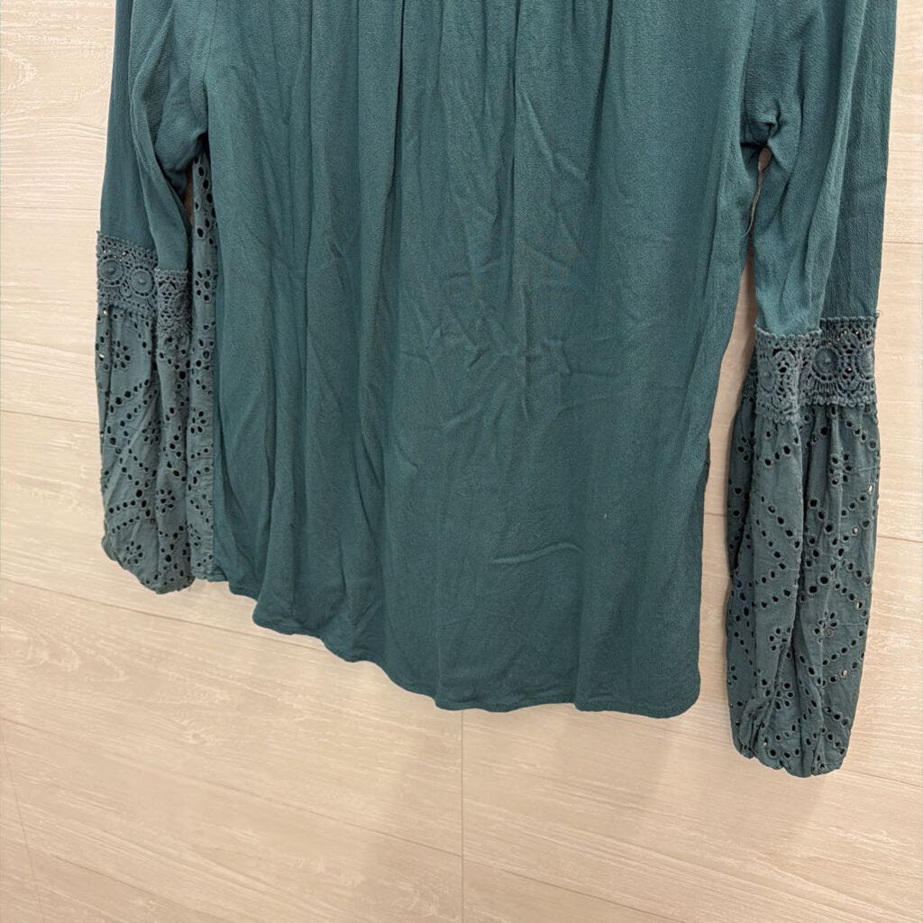 Knox Rose Teal Long Sleeve Eyelet Detail Top Small