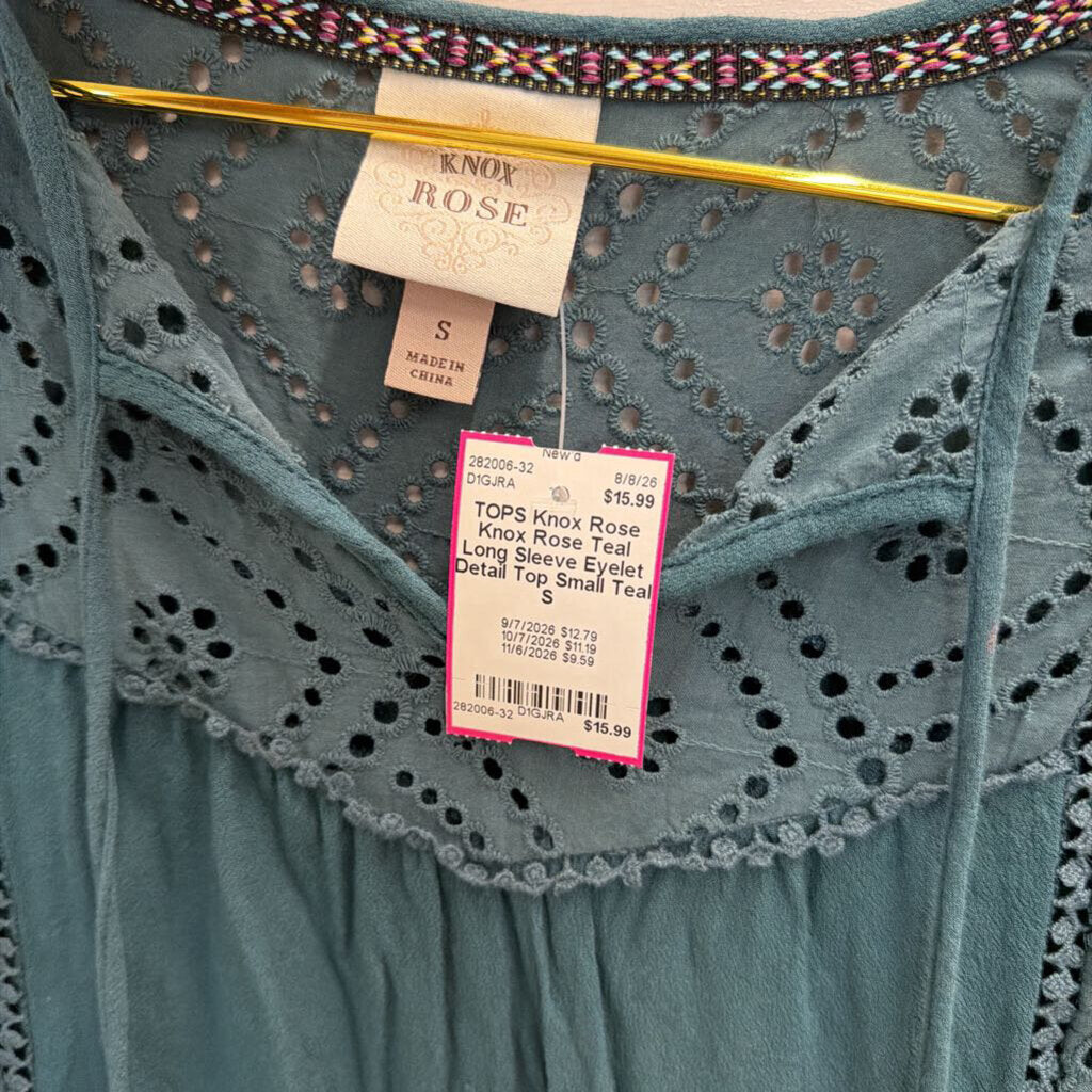 Knox Rose Teal Long Sleeve Eyelet Detail Top Small