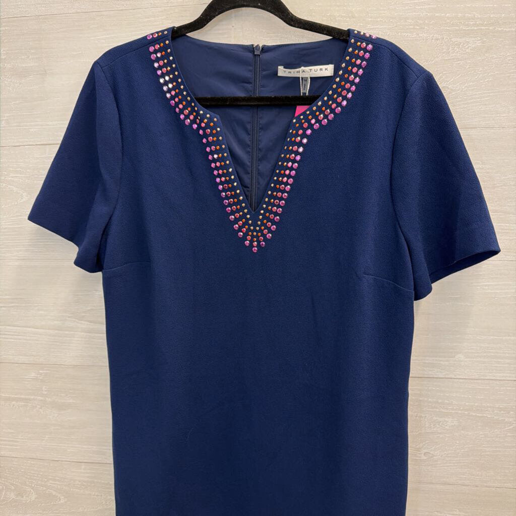 Trina Turk Navy/ Multi Metallic Stud Neckline Short Sleeve Dress 14