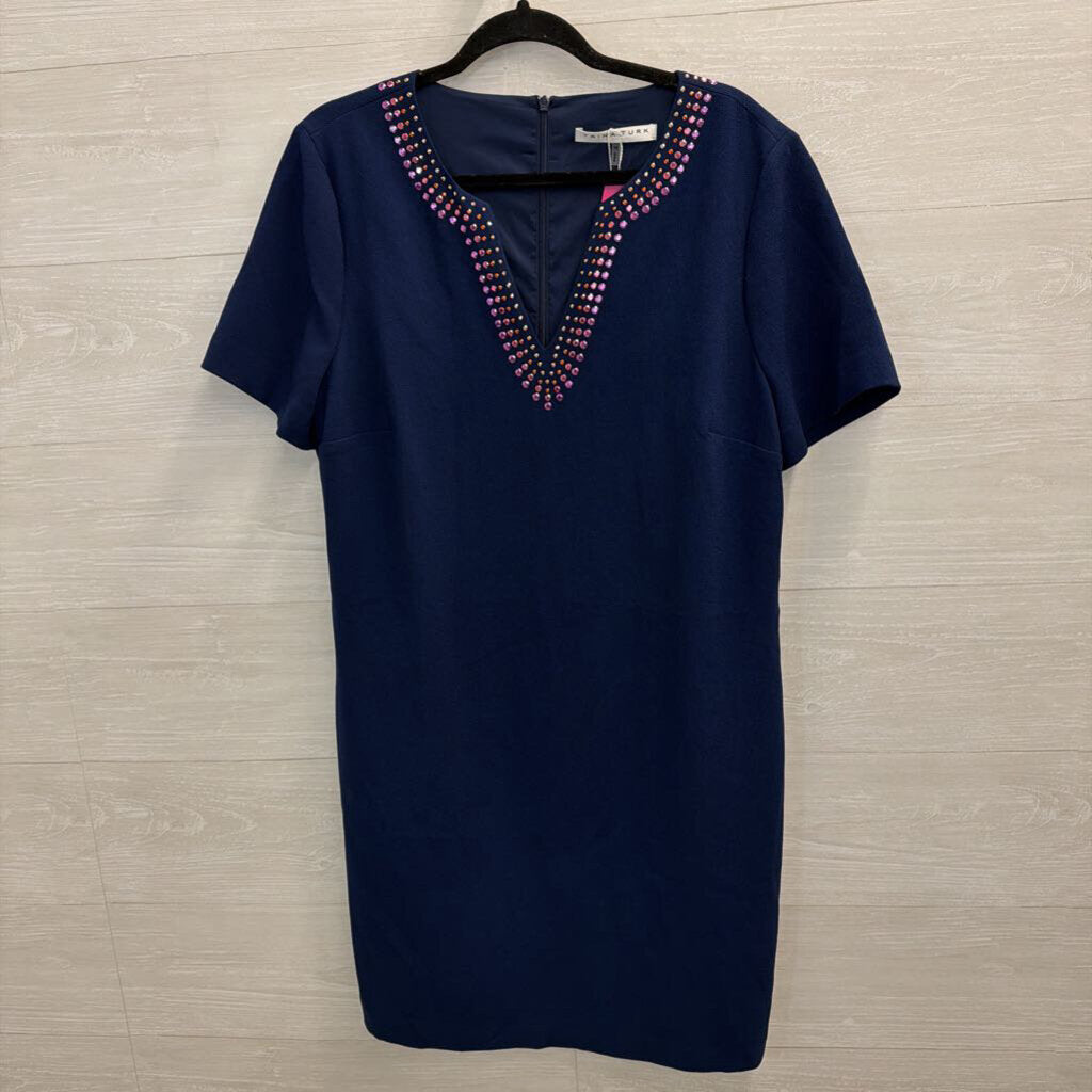 Trina Turk Navy/ Multi Metallic Stud Neckline Short Sleeve Dress 14