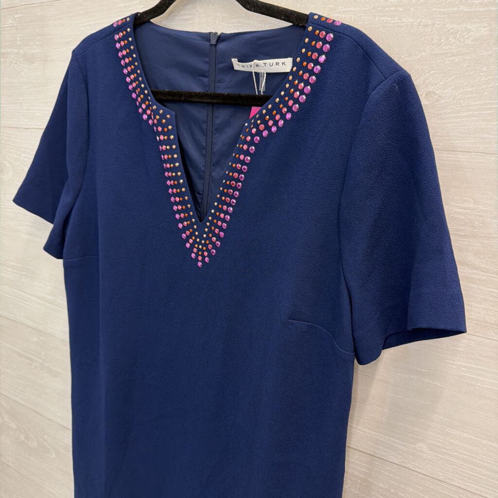 Trina Turk Navy/ Multi Metallic Stud Neckline Short Sleeve Dress 14