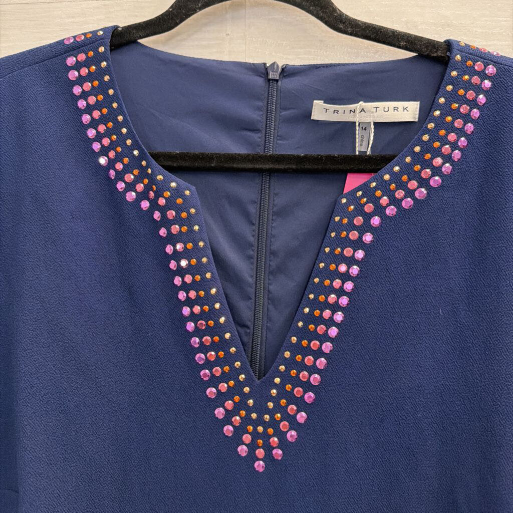 Trina Turk Navy/ Multi Metallic Stud Neckline Short Sleeve Dress 14