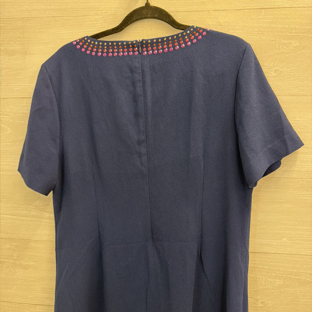 Trina Turk Navy/ Multi Metallic Stud Neckline Short Sleeve Dress 14