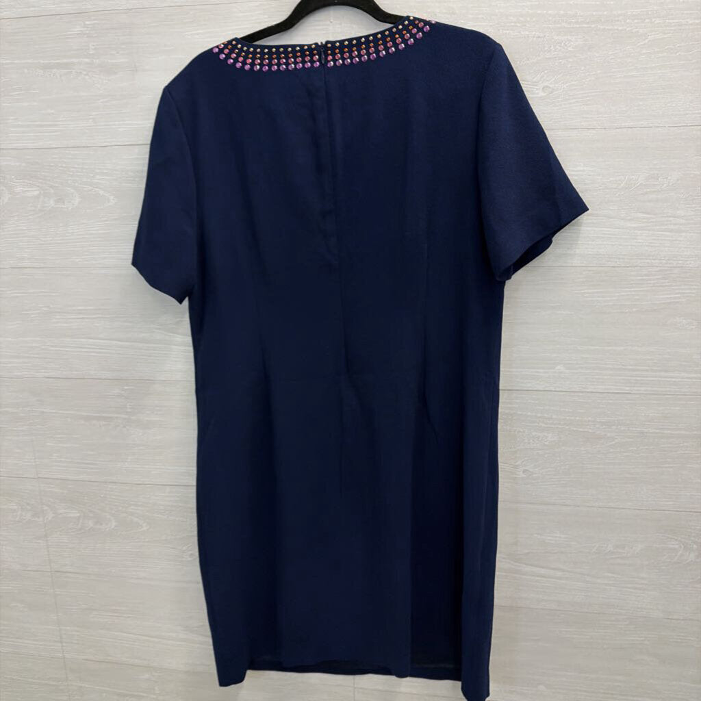 Trina Turk Navy/ Multi Metallic Stud Neckline Short Sleeve Dress 14