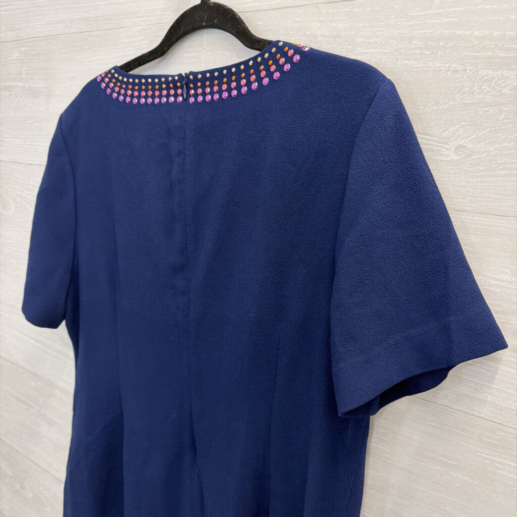Trina Turk Navy/ Multi Metallic Stud Neckline Short Sleeve Dress 14