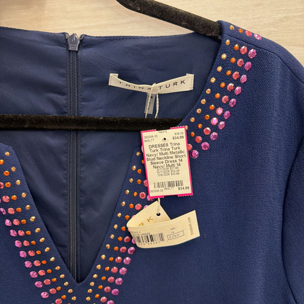 Trina Turk Navy/ Multi Metallic Stud Neckline Short Sleeve Dress 14