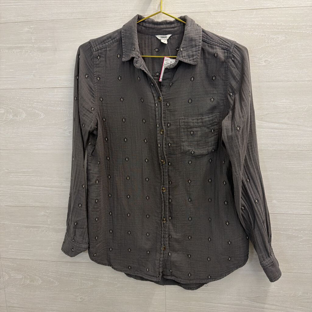Sonoma Grey Print Long Sleeve Button Down Top Small