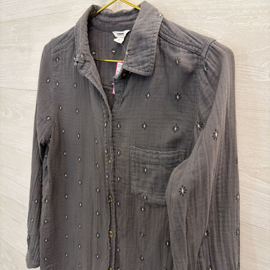 Sonoma Grey Print Long Sleeve Button Down Top Small