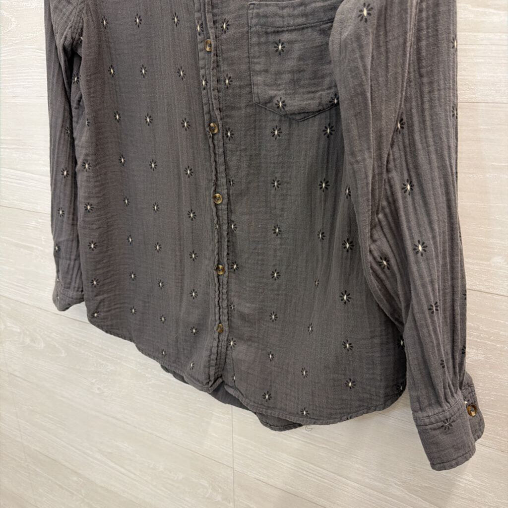 Sonoma Grey Print Long Sleeve Button Down Top Small