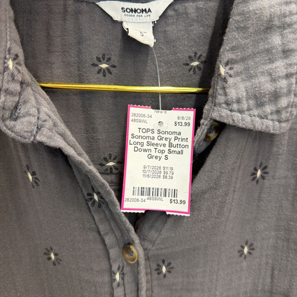 Sonoma Grey Print Long Sleeve Button Down Top Small