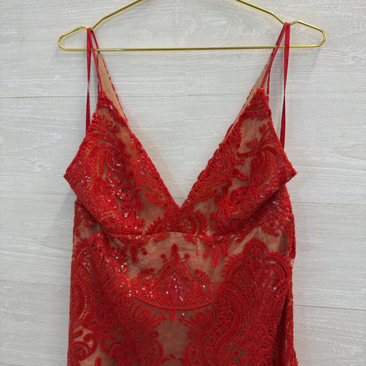 Free People Red/ Beige Sequin Lace Mini Dress Large