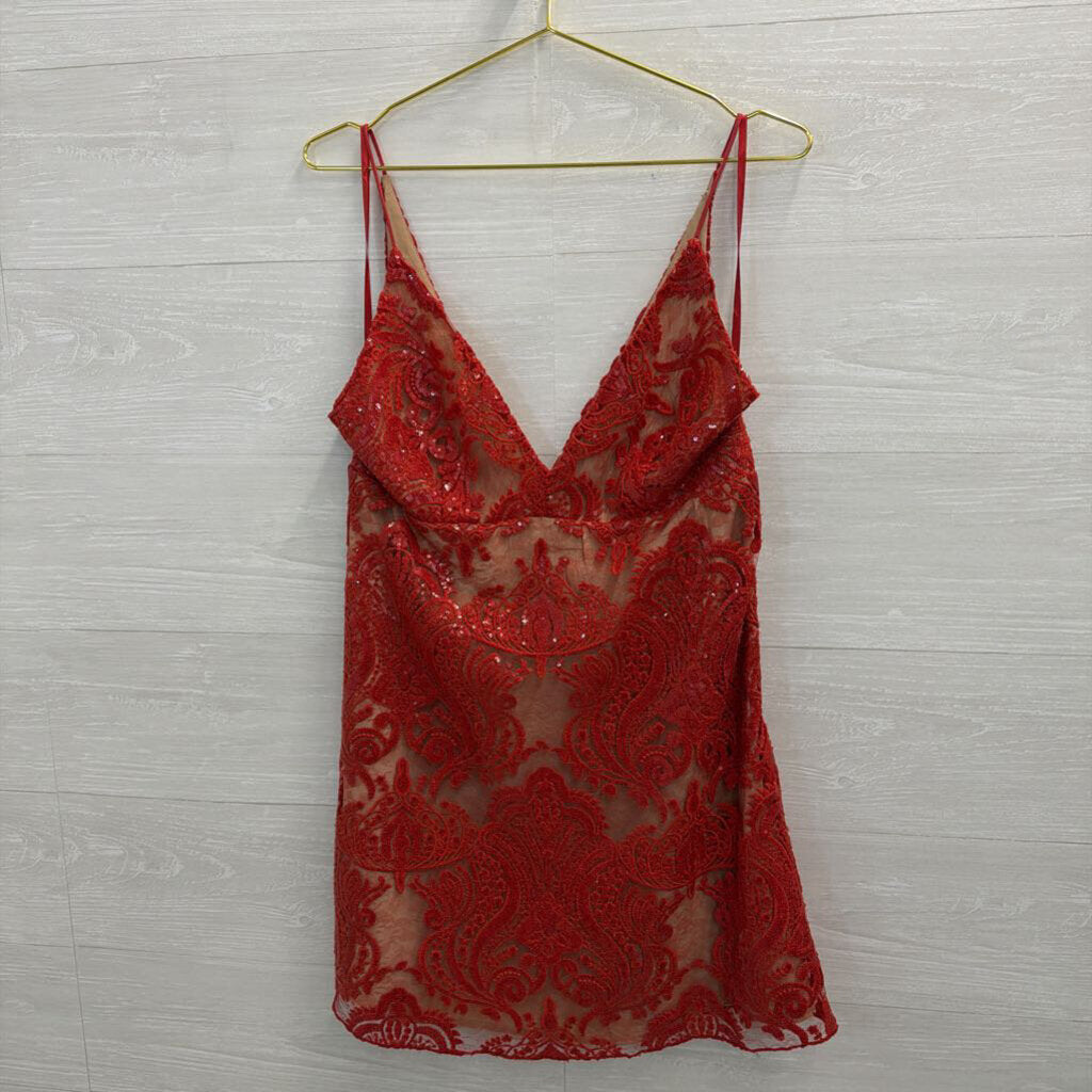Free People Red/ Beige Sequin Lace Mini Dress Large