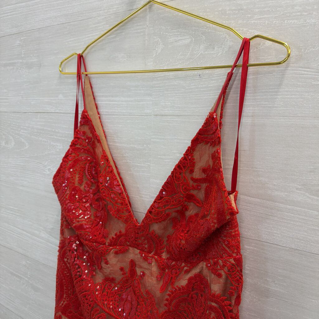 Free People Red/ Beige Sequin Lace Mini Dress Large