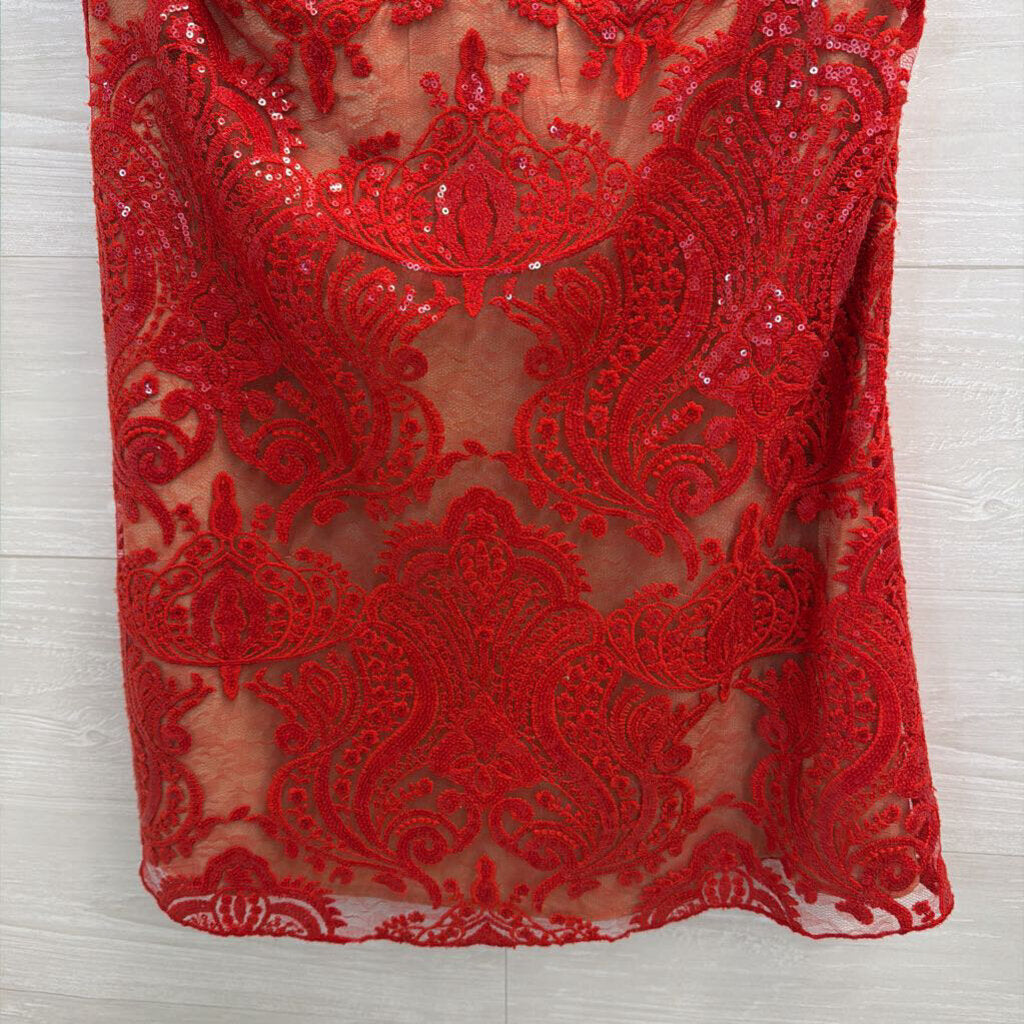 Free People Red/ Beige Sequin Lace Mini Dress Large