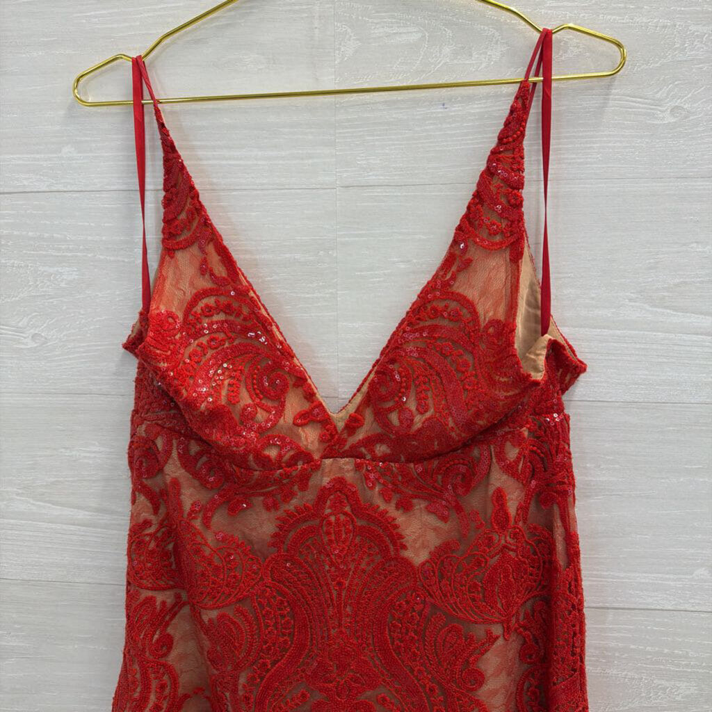 Free People Red/ Beige Sequin Lace Mini Dress Large