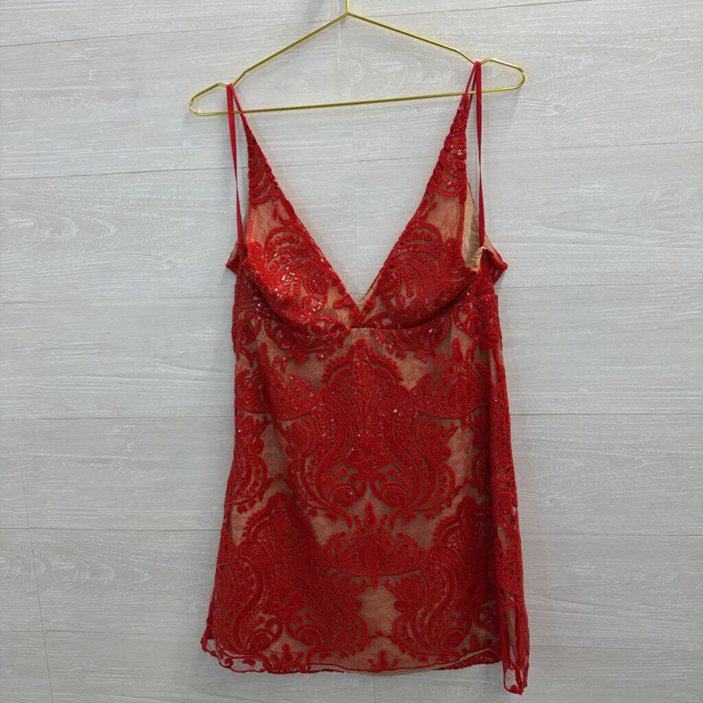 Free People Red/ Beige Sequin Lace Mini Dress Large