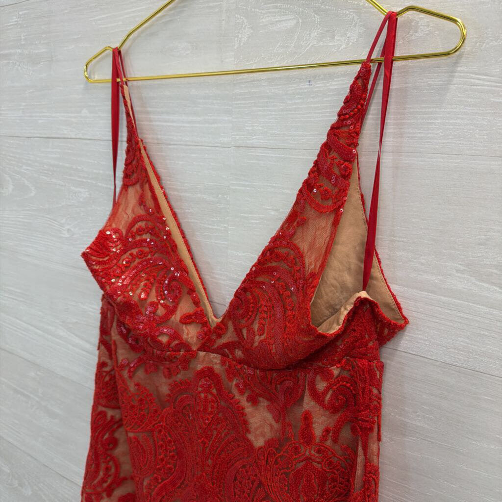 Free People Red/ Beige Sequin Lace Mini Dress Large