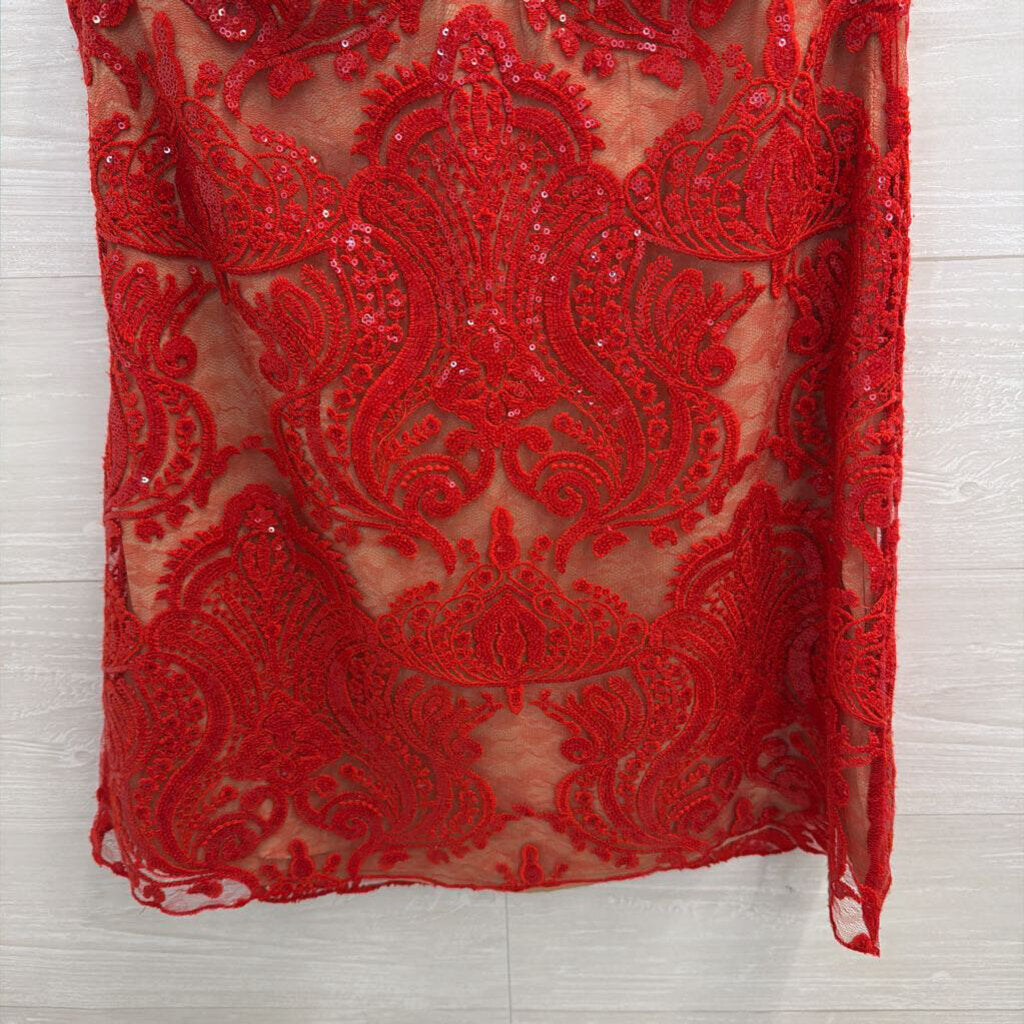 Free People Red/ Beige Sequin Lace Mini Dress Large