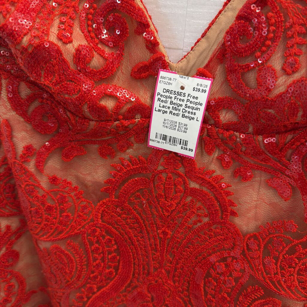 Free People Red/ Beige Sequin Lace Mini Dress Large