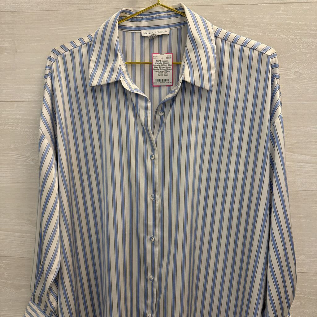 Maison d'Amelie White/ Blue Silky Striped Long Sleeve Button Down Top Large