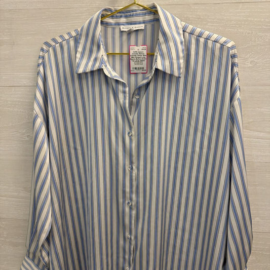 Maison d'Amelie White/ Blue Silky Striped Long Sleeve Button Down Top Large