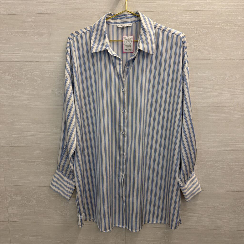 Maison d'Amelie White/ Blue Silky Striped Long Sleeve Button Down Top Large
