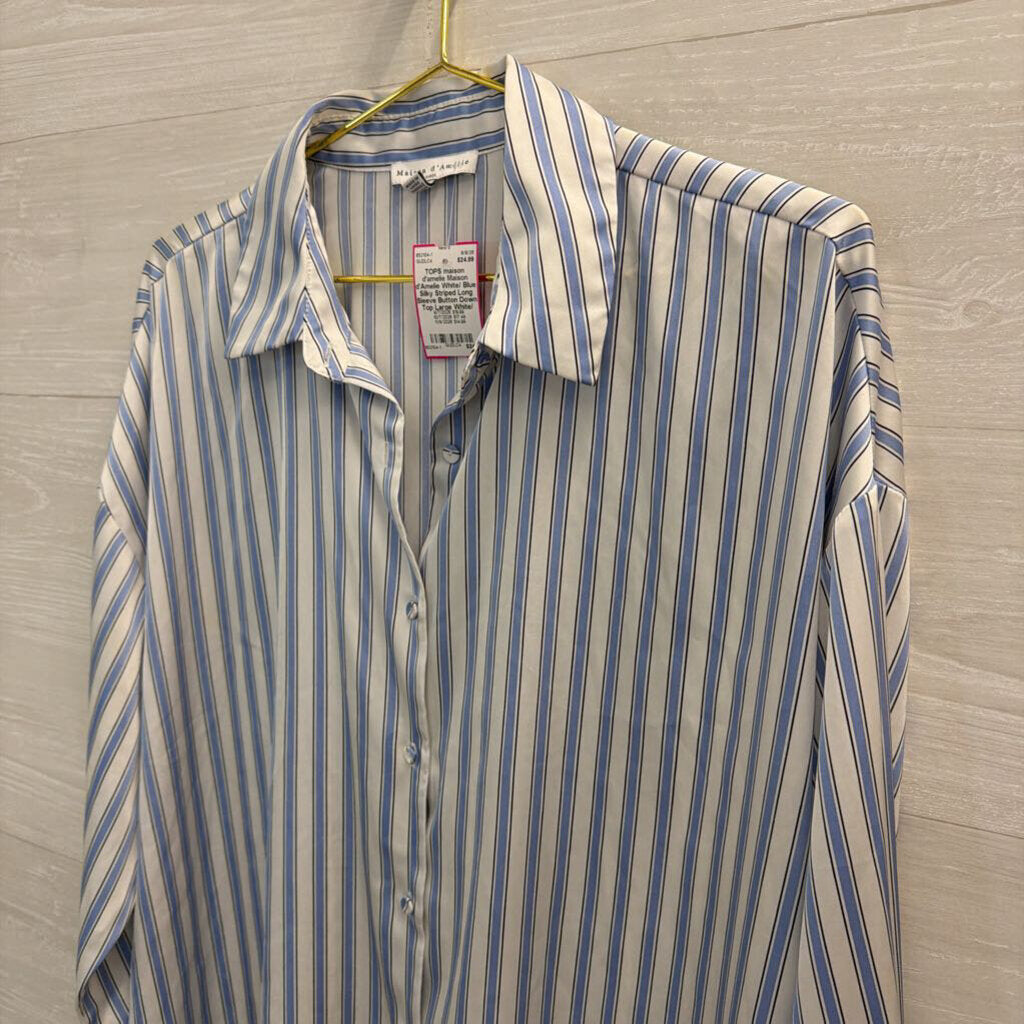 Maison d'Amelie White/ Blue Silky Striped Long Sleeve Button Down Top Large