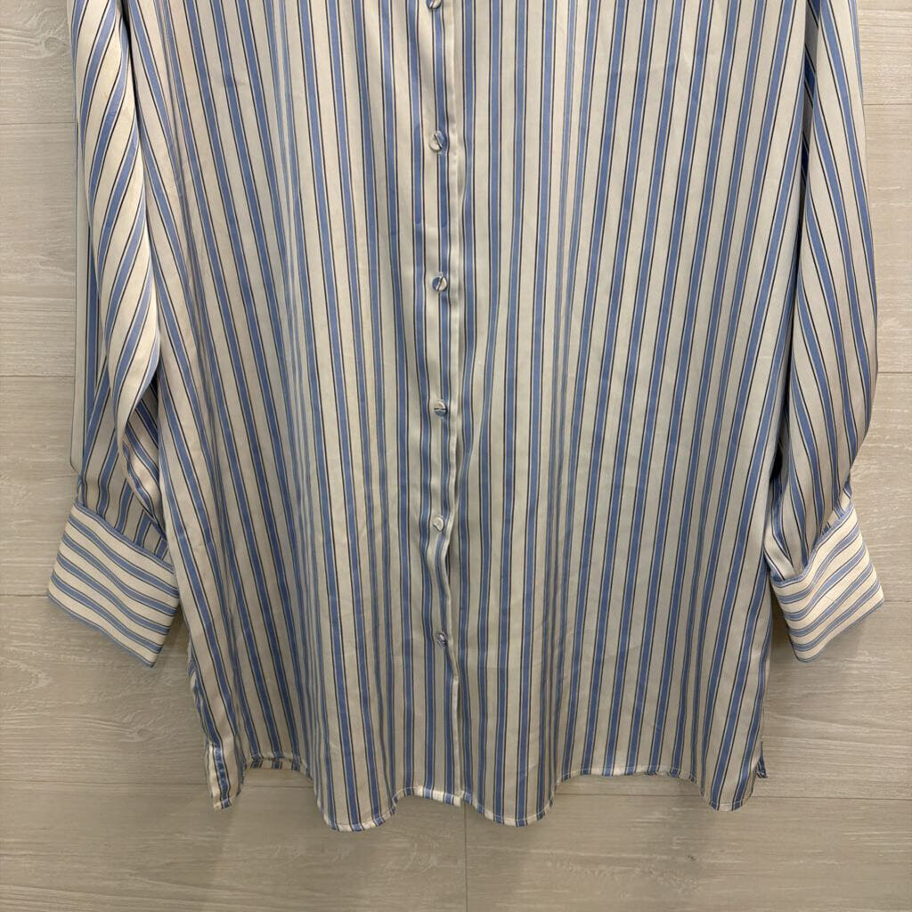 Maison d'Amelie White/ Blue Silky Striped Long Sleeve Button Down Top Large