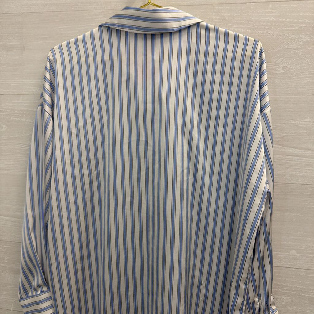Maison d'Amelie White/ Blue Silky Striped Long Sleeve Button Down Top Large