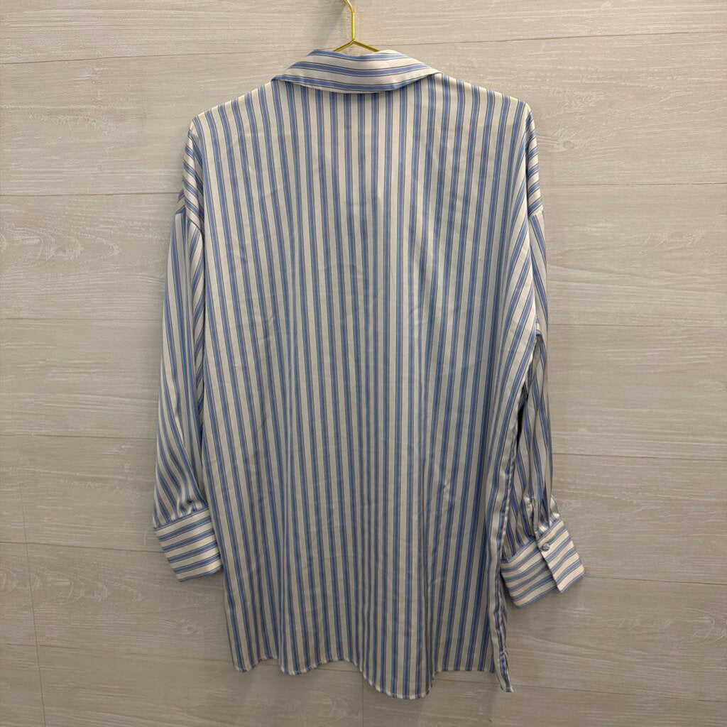 Maison d'Amelie White/ Blue Silky Striped Long Sleeve Button Down Top Large